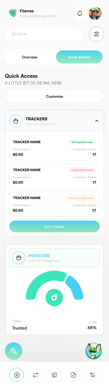 Filense Financial Planning SaaS Platform showing four mobile screens: Quick Access, Live Reports, Factors Overview, and AI Chat.